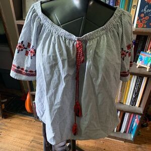 Loft blue and white striped embroidered boat neck L nautical blouse